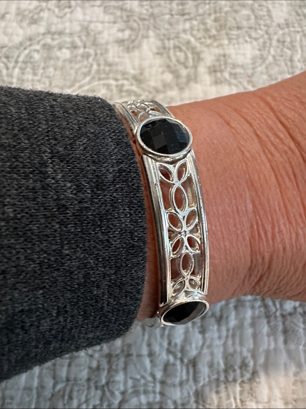 Silver Filigree Cuff Bracelet with Black Gemstones